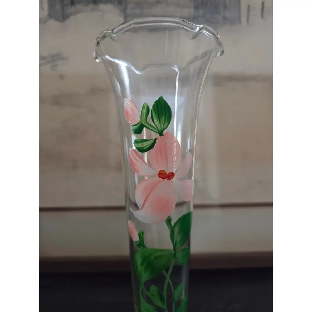 Vintage Bohemian Hand Painted Floral Glass Bud Vase 9.5